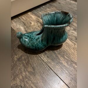 Vintage Canada Green Drip Glaze Pottery elf jester Shoe Slipper Planter